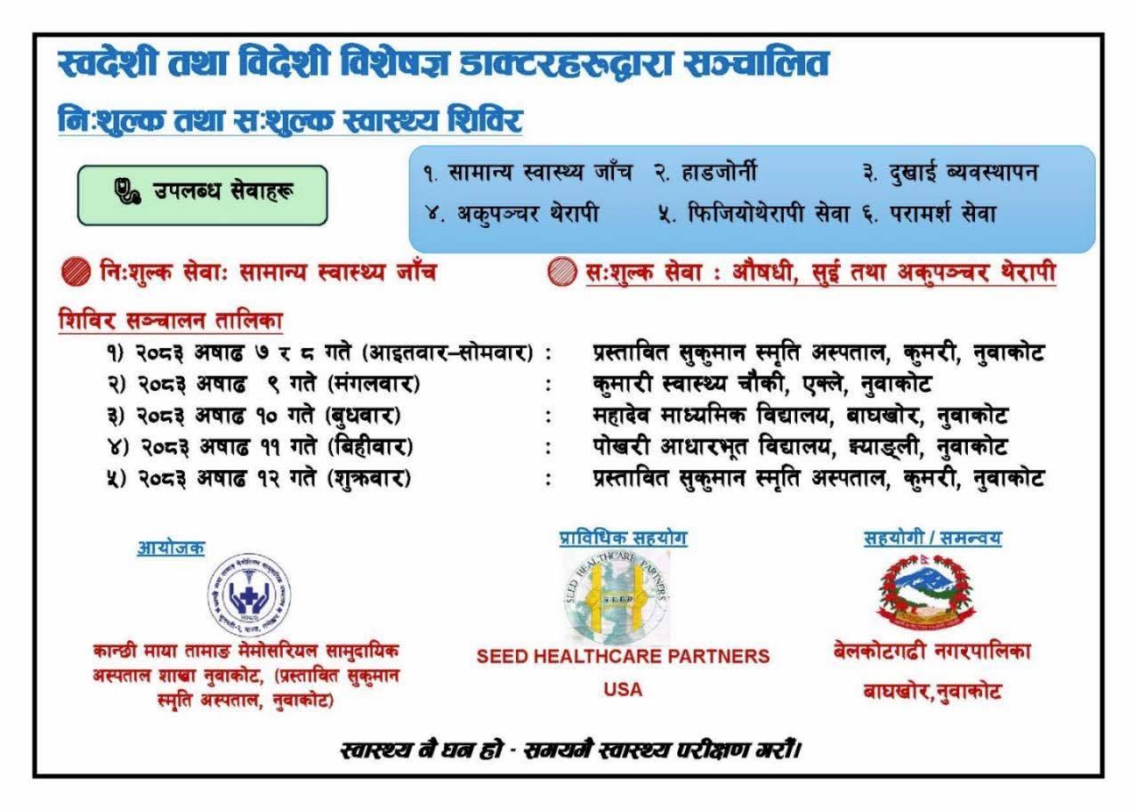 स्वदेशी तथा विदेशी विशेषज्ञ डाक्टरद्वारा नुवाकोटमा स्वास्थ्य शिविर सञ्चालन हुने